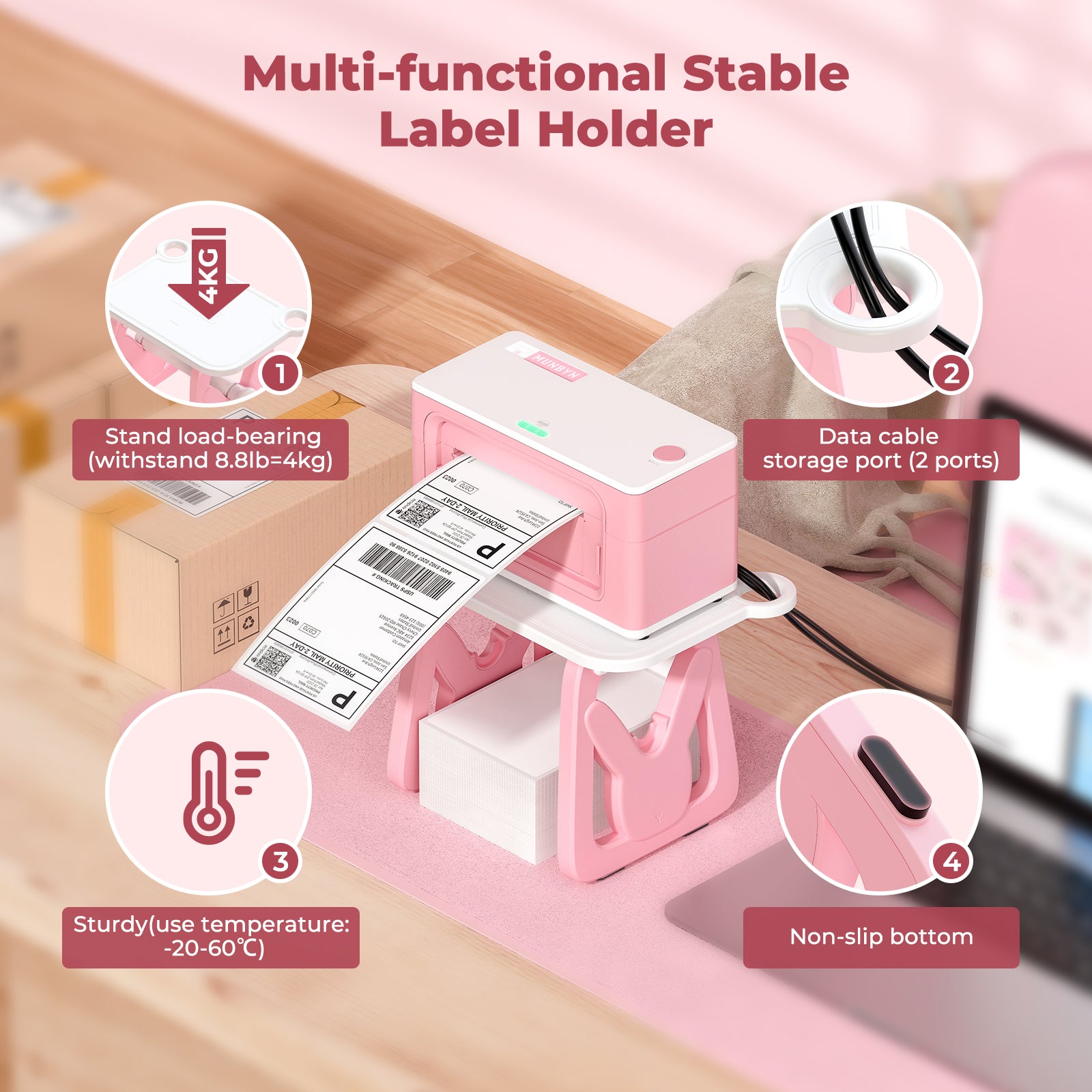 The label holder ensures stability with non-slip strips and includes small holes for data cable management. 