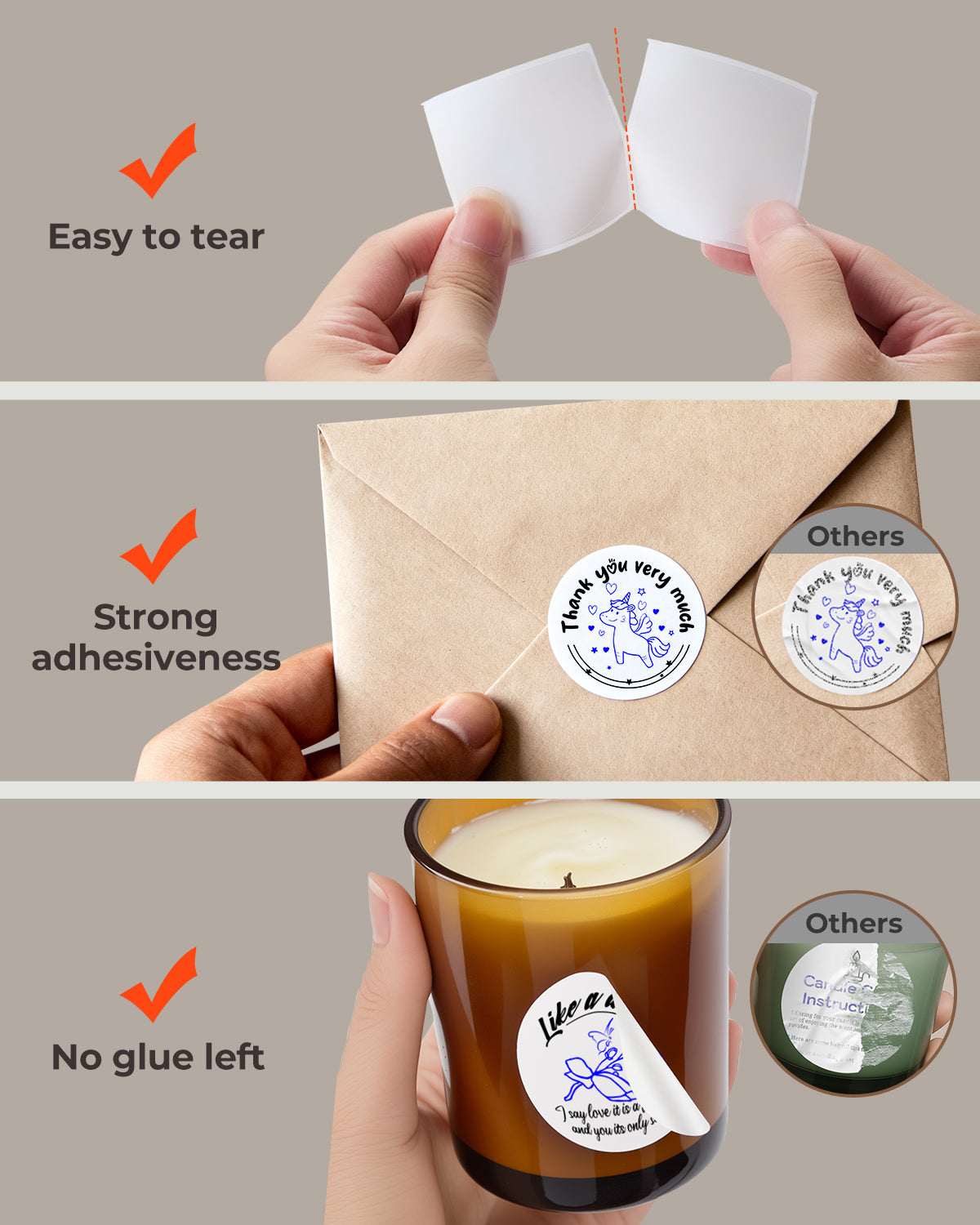 Thermal label stickers showing easy tear, strong adhesiveness, and no residue removal on packaging and glass jar.