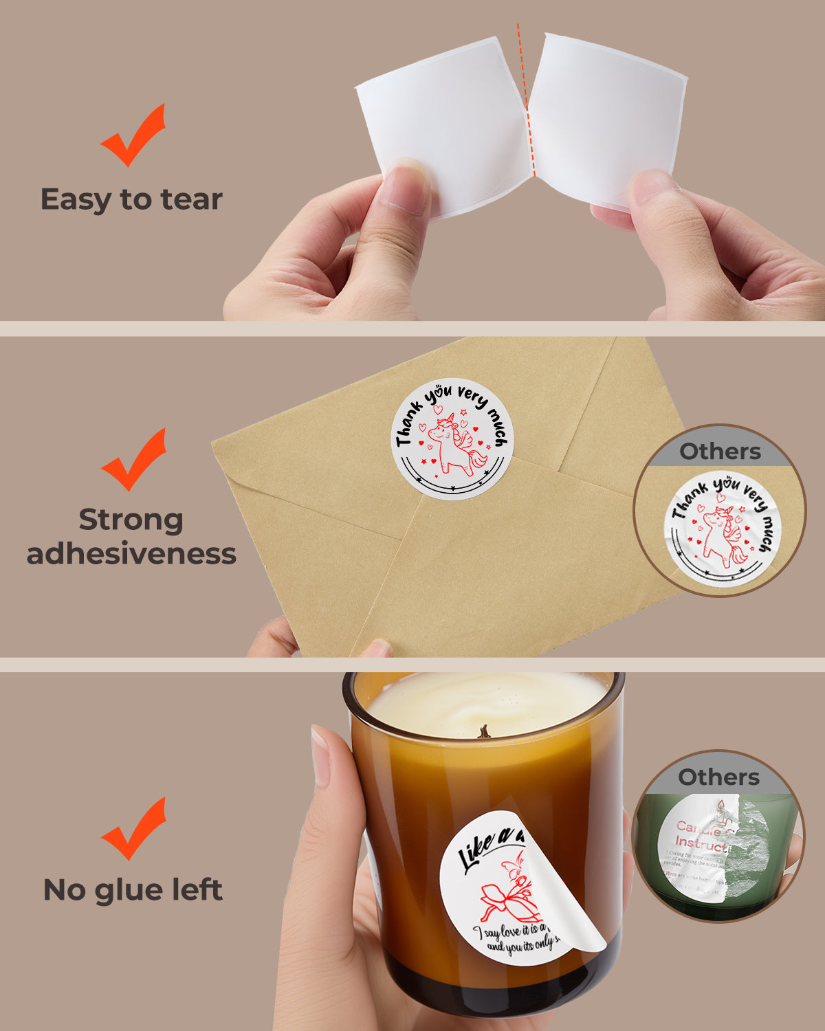 Thermal label stickers easy to tear, strong adhesive, no residue on glass and paper.