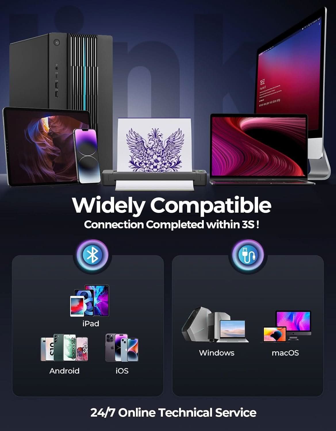 Thermal printer compatible with iPad, Android, iOS, Windows, macOS devices, Bluetooth and USB.