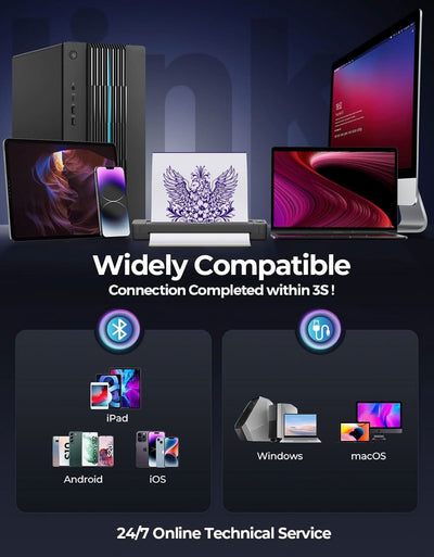 Thermal printer compatible with iPad, Android, iOS, Windows, macOS devices, Bluetooth and USB.
