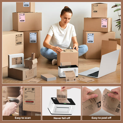 Woman using thermal label printer for shipping boxes, with barcode labels and packing supplies.