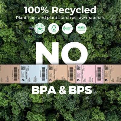 Eco-friendly recycled thermal shipping labels, BPA and BPS free, with forest background.
