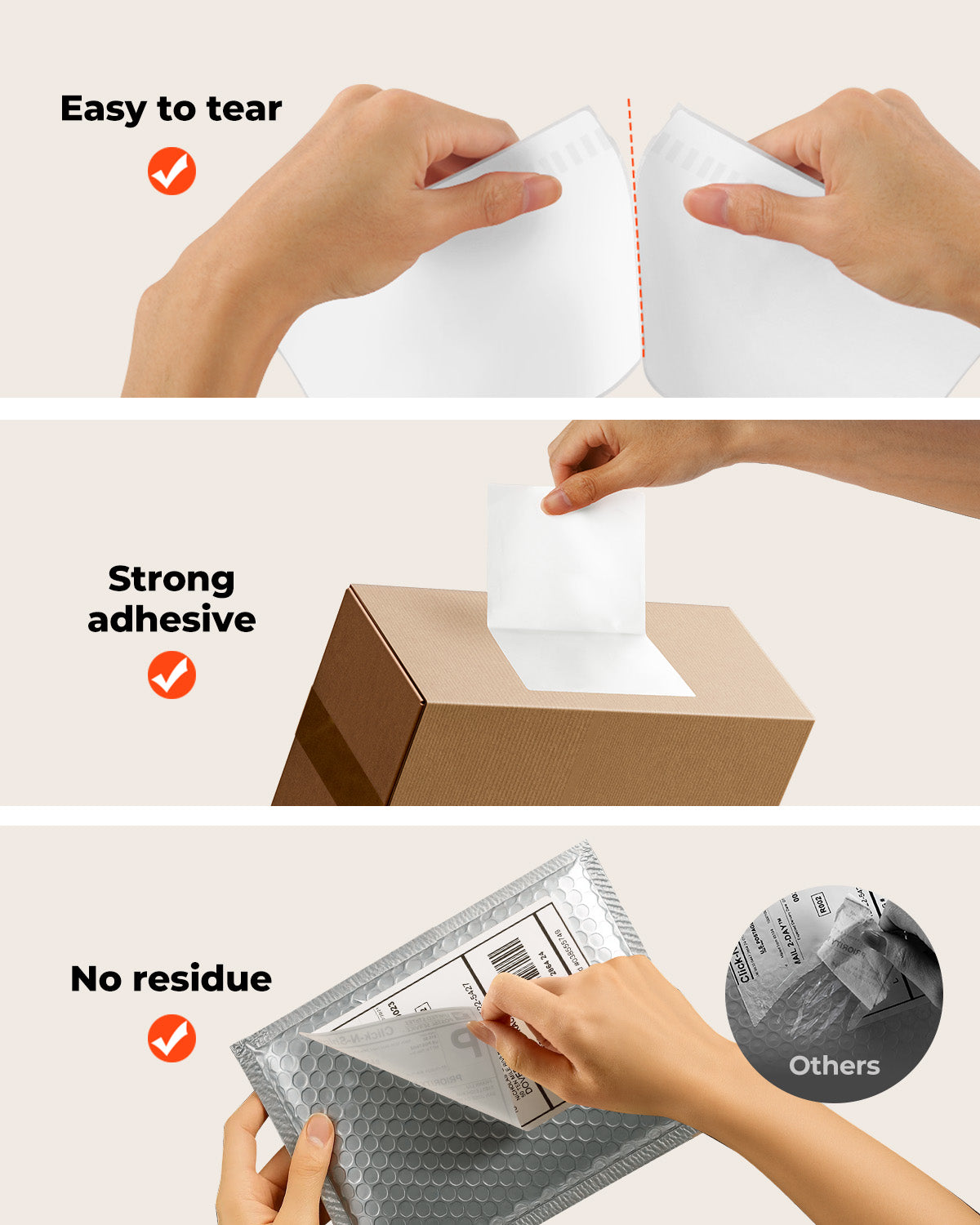 Thermal shipping label shown easy to tear, with strong adhesive, and leaves no residue on packages.