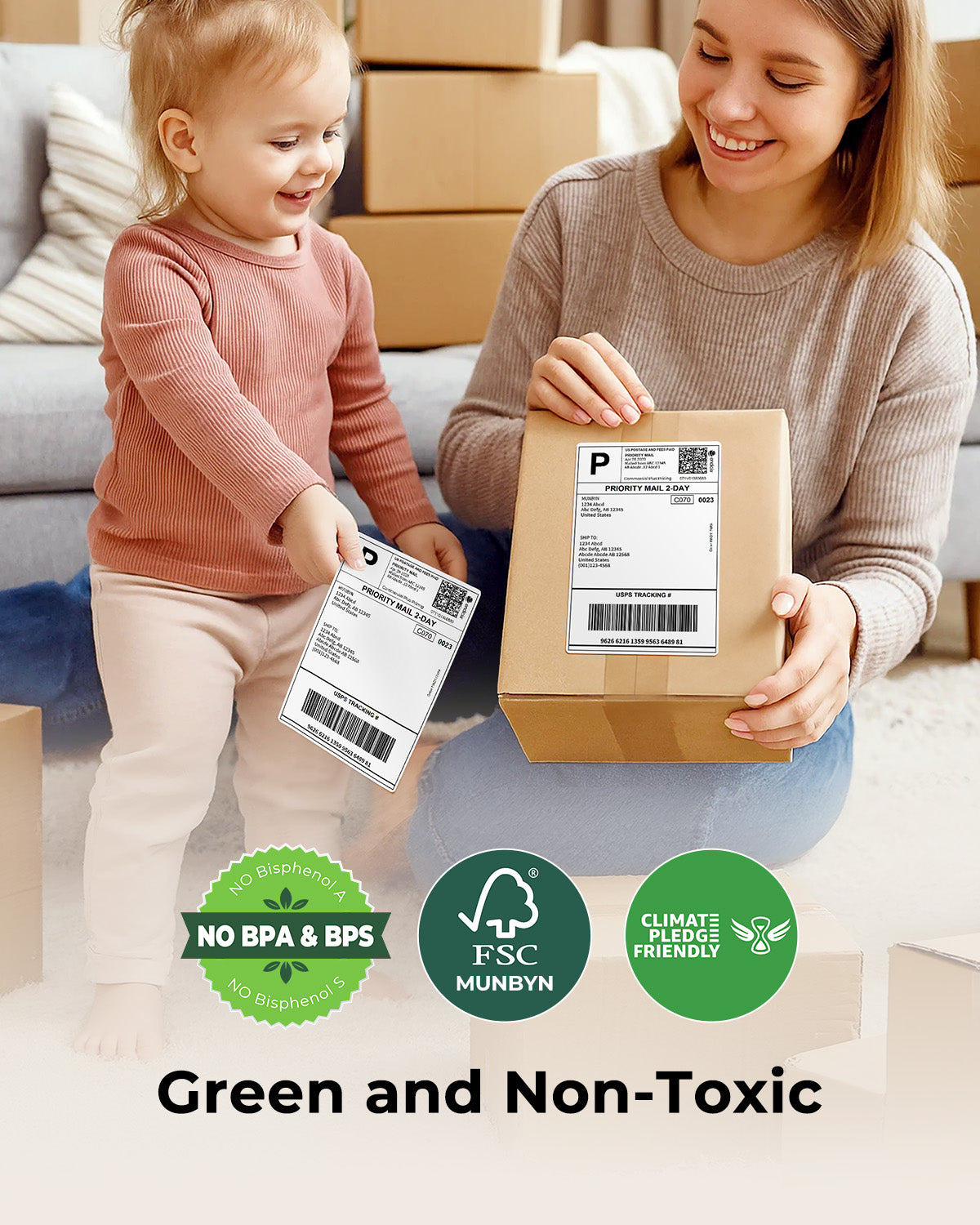 Mother and child using eco-friendly shipping labels on cardboard boxes, green and non-toxic.