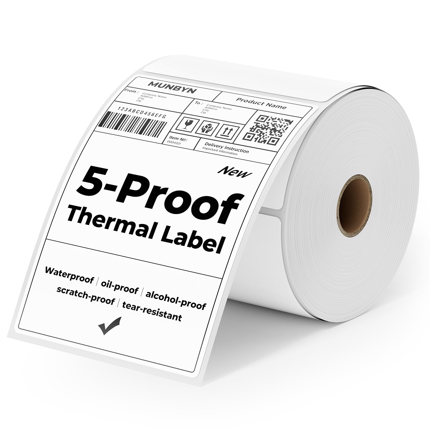 Roll of 5-proof thermal shipping labels with waterproof, oil and tear-resistant features