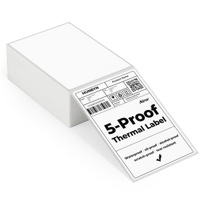 Stack of 4x6 inch white thermal shipping labels with 5-proof durability description