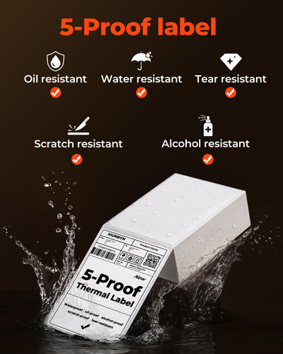 5-proof thermal label stack in water, highlighting oil, water, tear, scratch, and alcohol resistance.