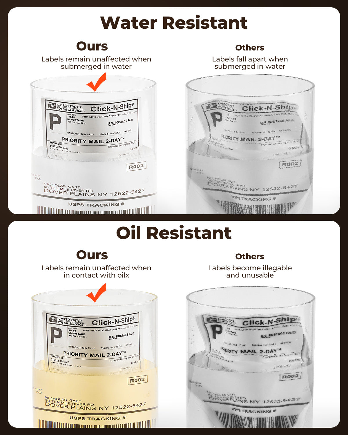 Comparison of water and oil resistant shipping labels vs non-resistant labels in clear containers.