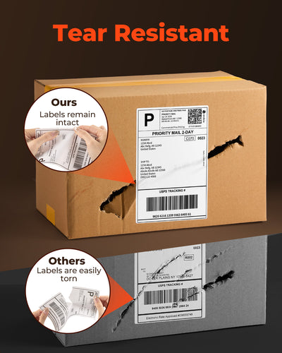 Comparison of tear resistant shipping label on brown package vs easily torn label on gray package