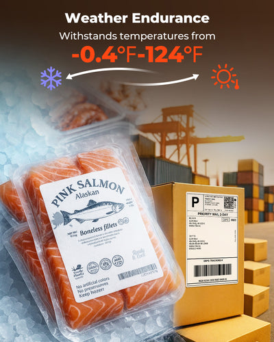 Thermal shipping label on a box beside packaged pink salmon fillets and ice, with port background