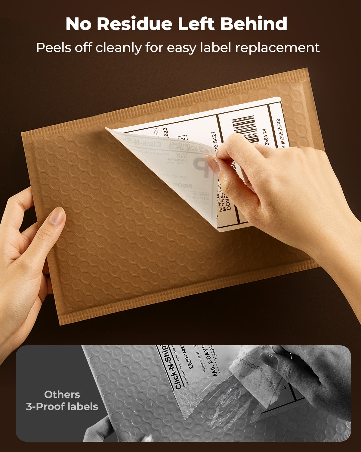 Peeling a thermal shipping label cleanly off a bubble mailer, no residue left behind