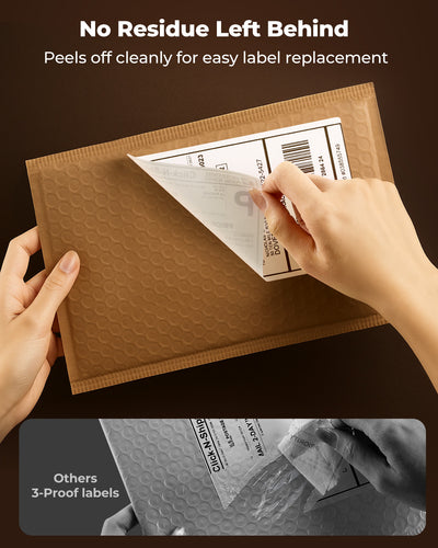 Peeling a thermal shipping label cleanly off a bubble mailer, no residue left behind