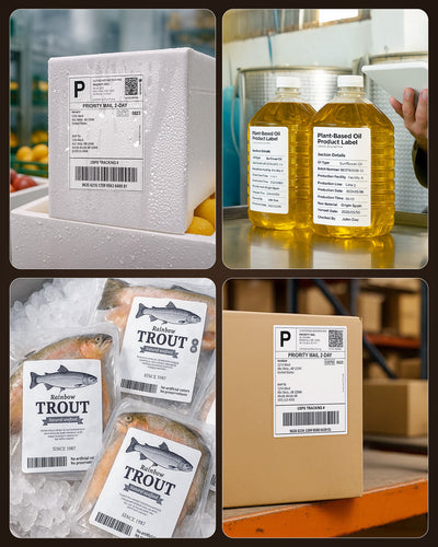 Thermal shipping and product labels on packages, oil bottles, and fish for shipping and inventory