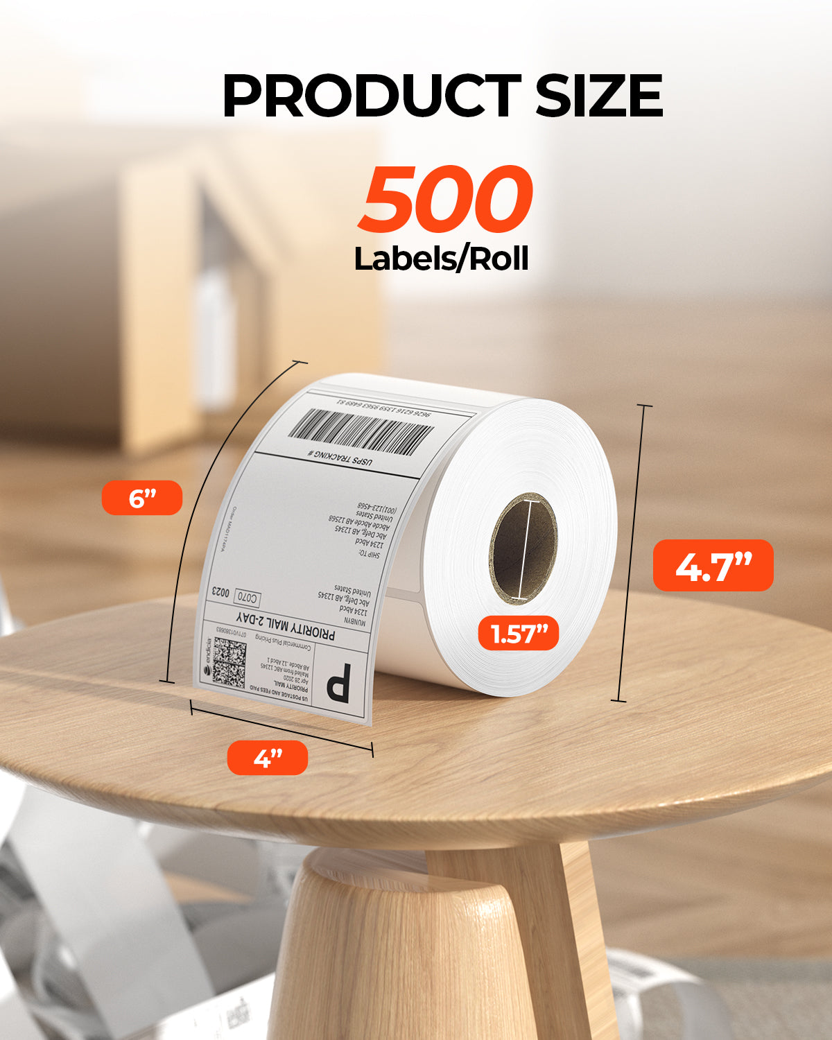 Roll of 500 thermal shipping labels, 4x6 inch size, on wooden table for packaging and printing