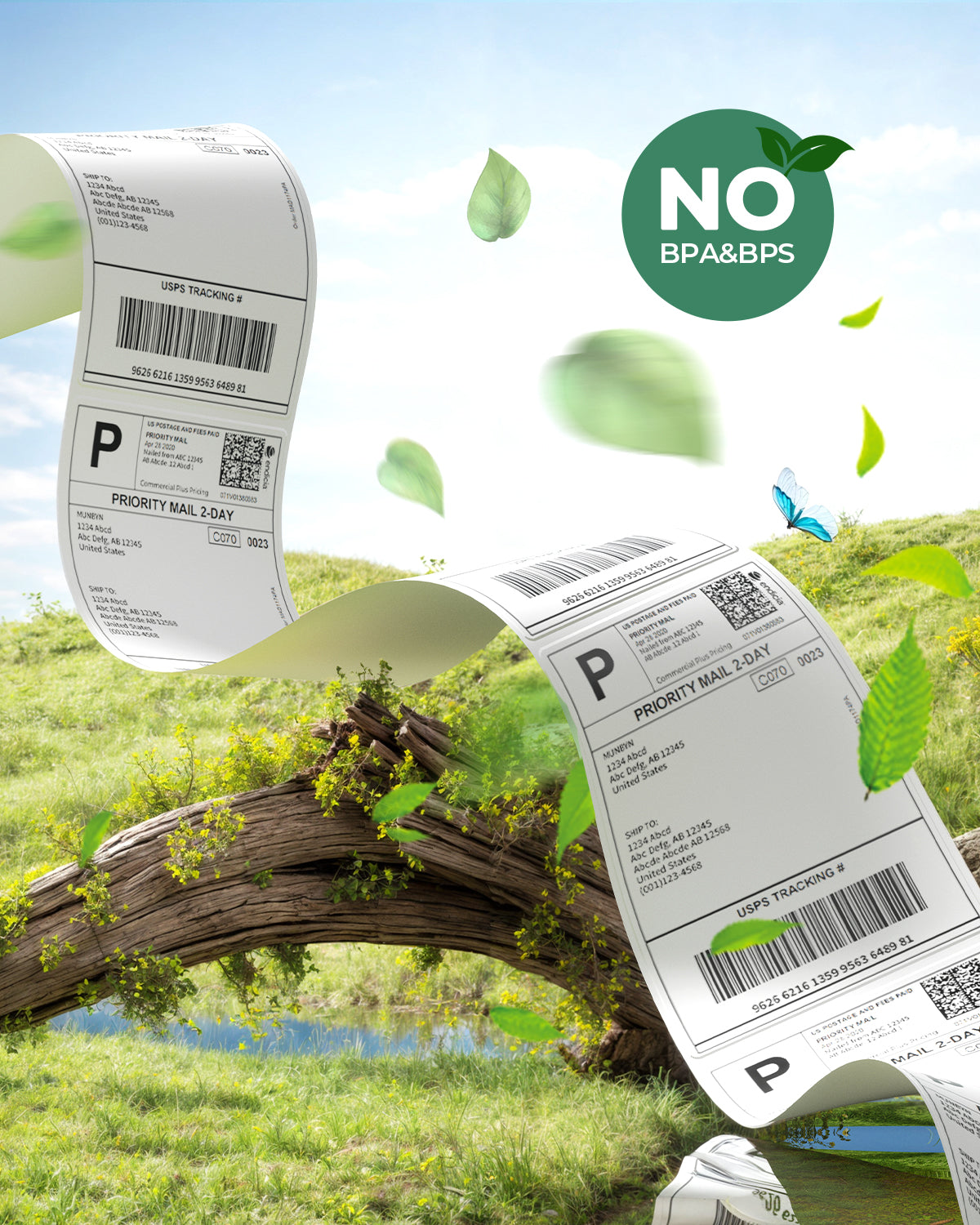 Eco-friendly thermal shipping labels on a roll with NO BPA & BPS symbol in nature scene