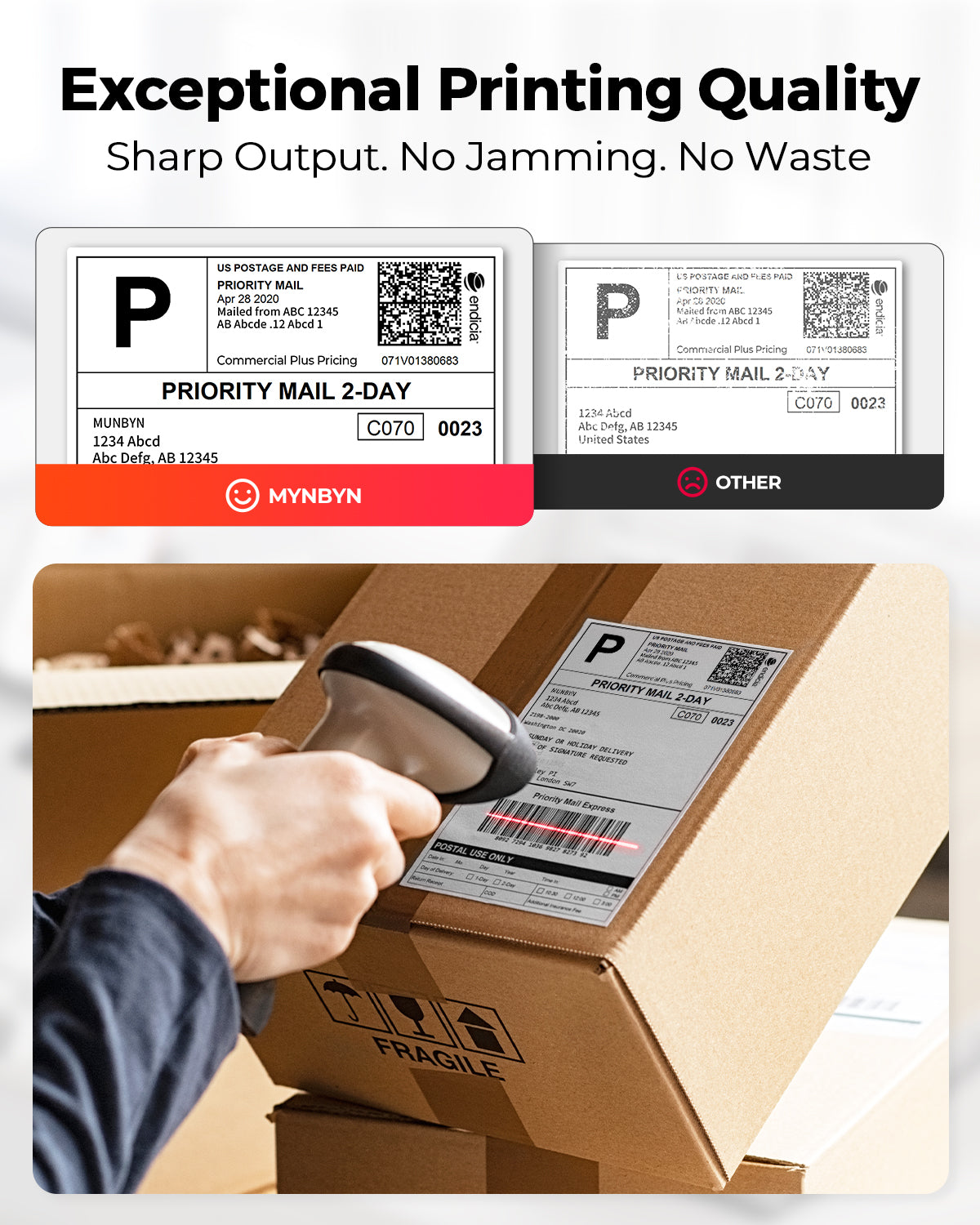 High-quality thermal shipping label with barcode on package, being scanned for shipping.
