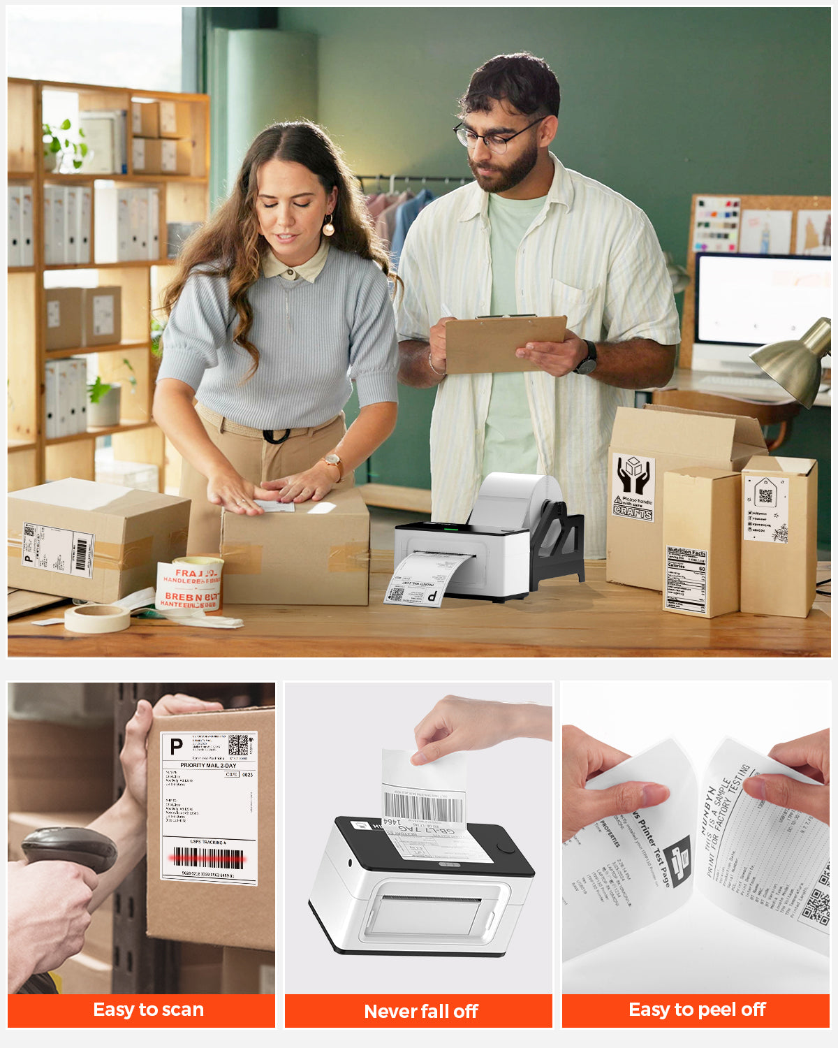 Thermal shipping labels used for packaging, barcode scanning, and printer demonstration