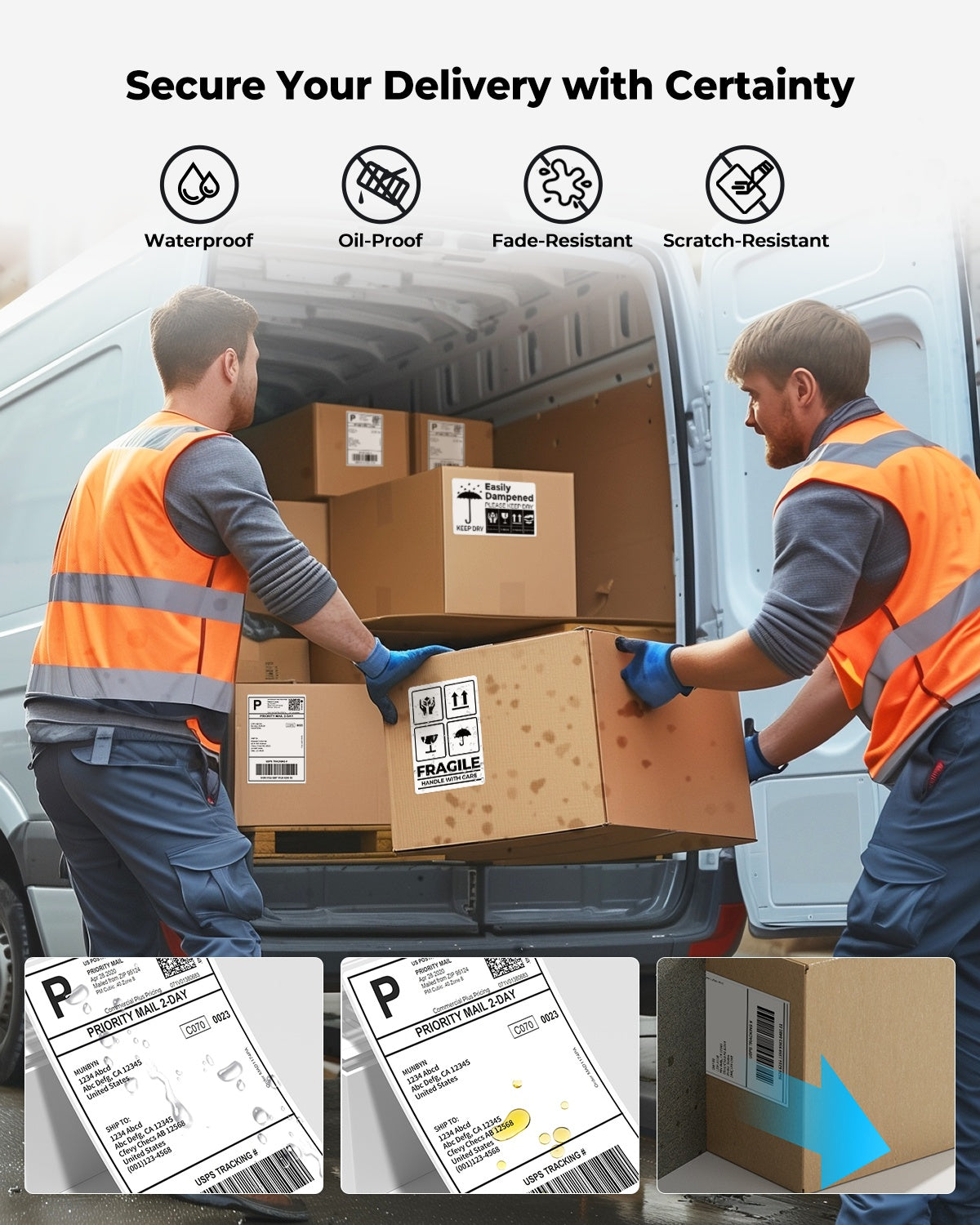 Workers handling packages with waterproof, oil-proof, durable thermal shipping labels by a van.