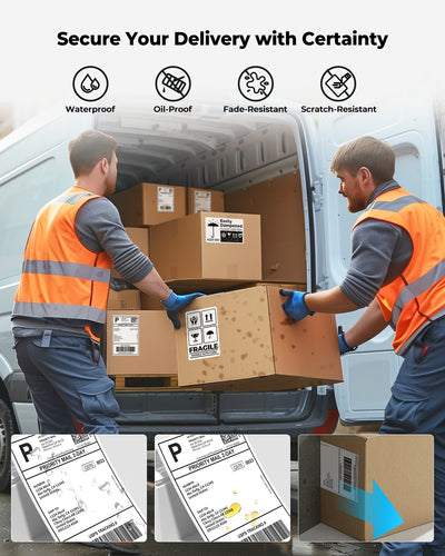 Workers handling packages with waterproof, oil-proof, durable thermal shipping labels by a van.