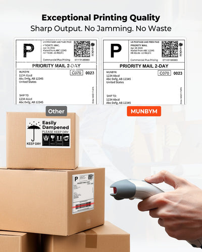 Shipping label comparison, quality barcode printing, scanner and labeled cardboard boxes