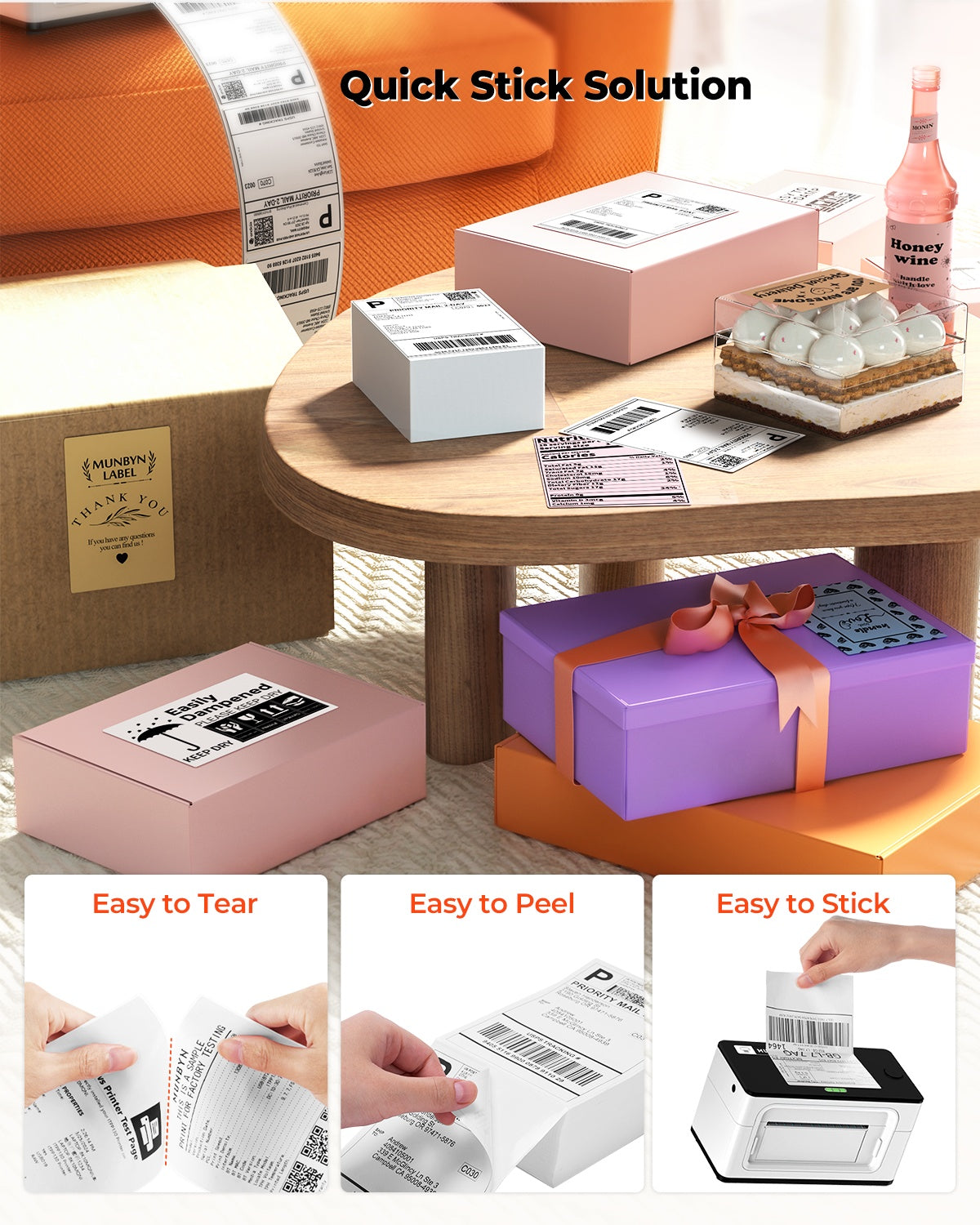 Shipping labels on packages, showing easy tear, peel, and stick thermal label features.