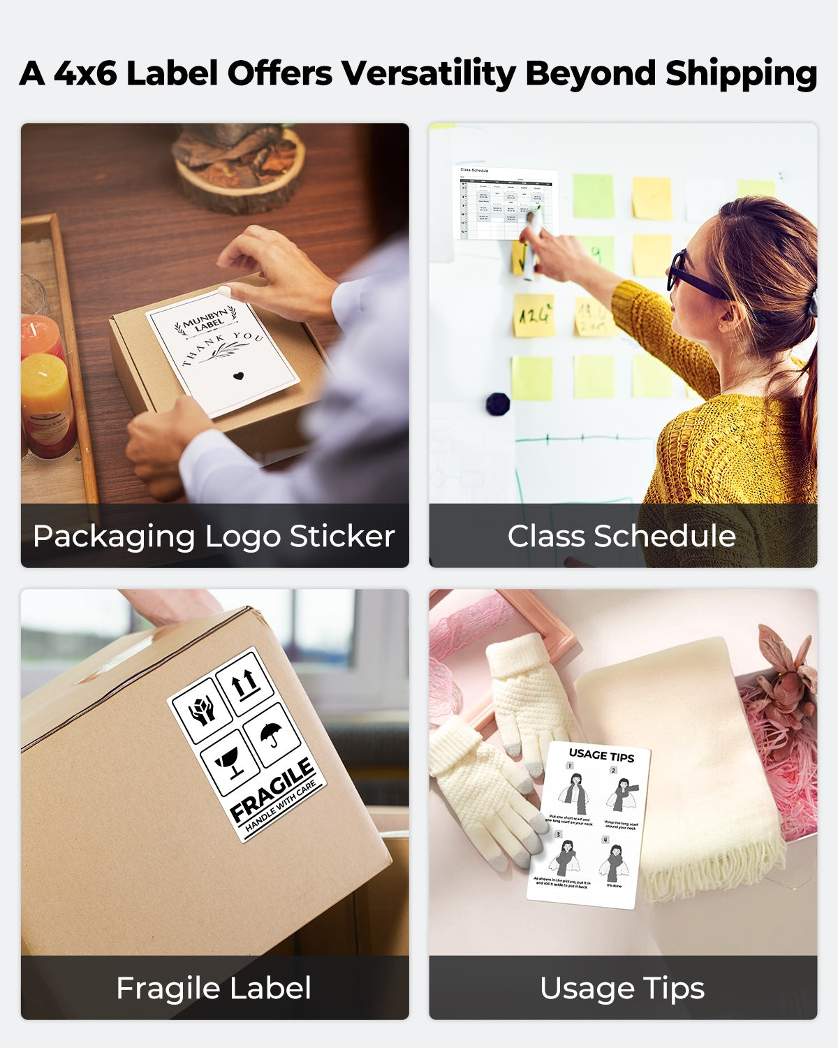 4x6 thermal labels used for packaging logo stickers, class schedules, fragile shipping, and usage tips
