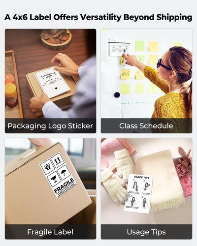 4x6 thermal labels used for packaging logo stickers, class schedules, fragile shipping, and usage tips