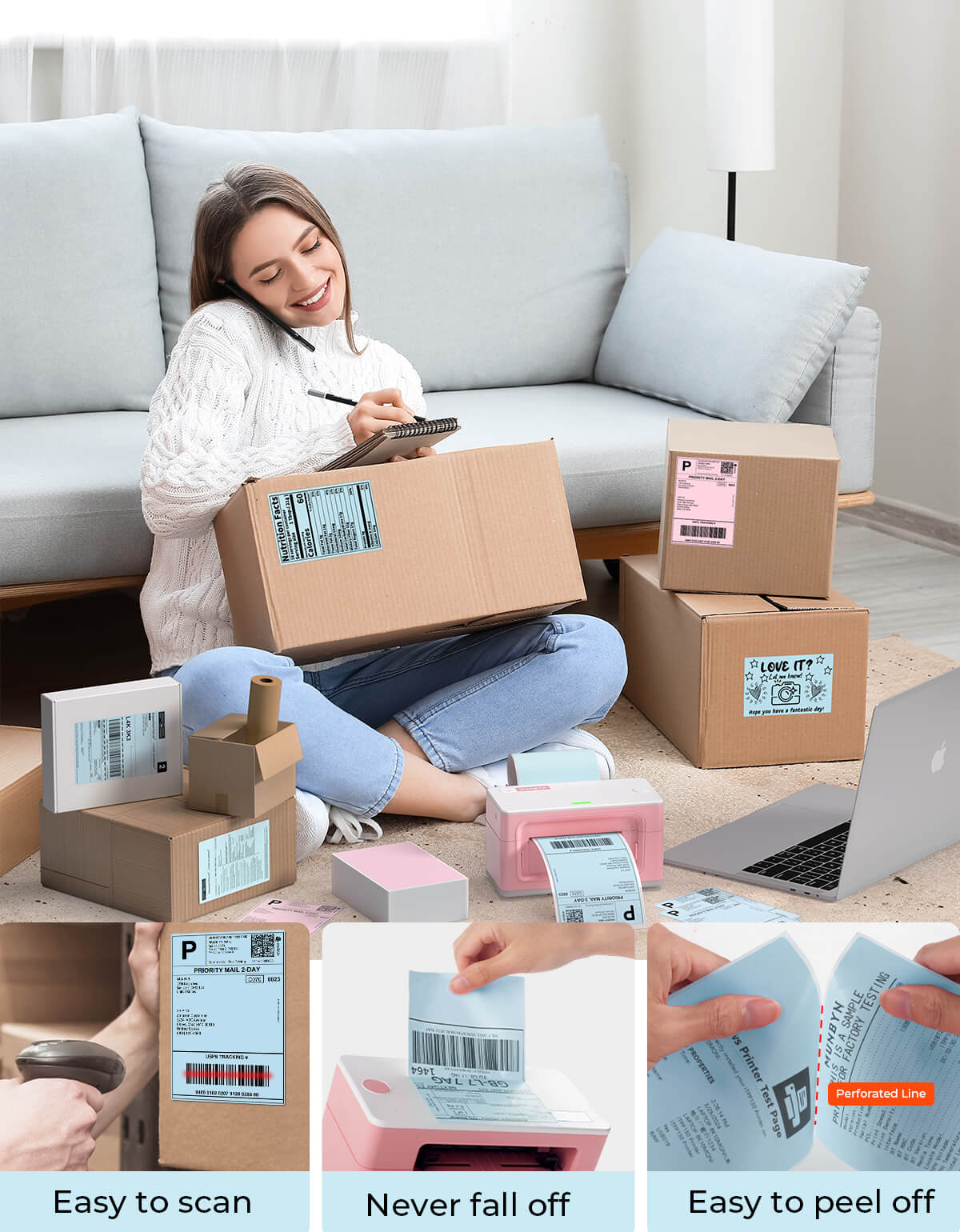 Woman preparing packages with 4x6 shipping labels, thermal label printer and parcel boxes at home