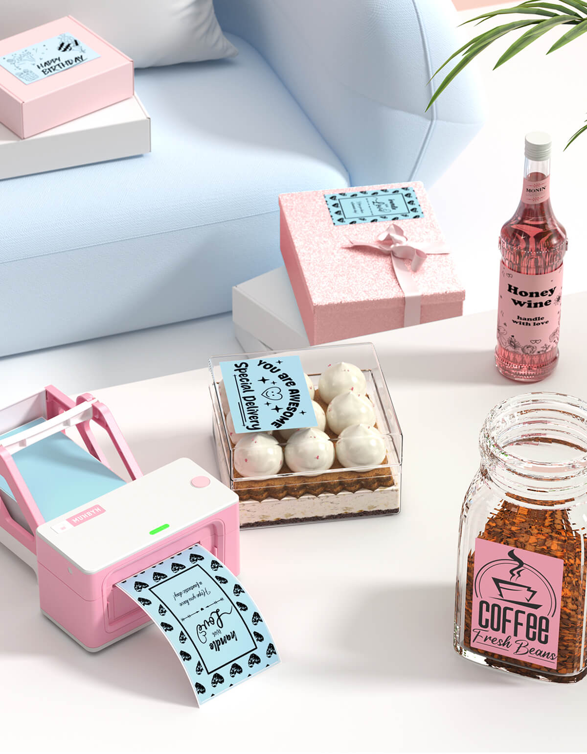Thermal printer creating custom shipping and gift labels on pink packaging, bottle, and jar.