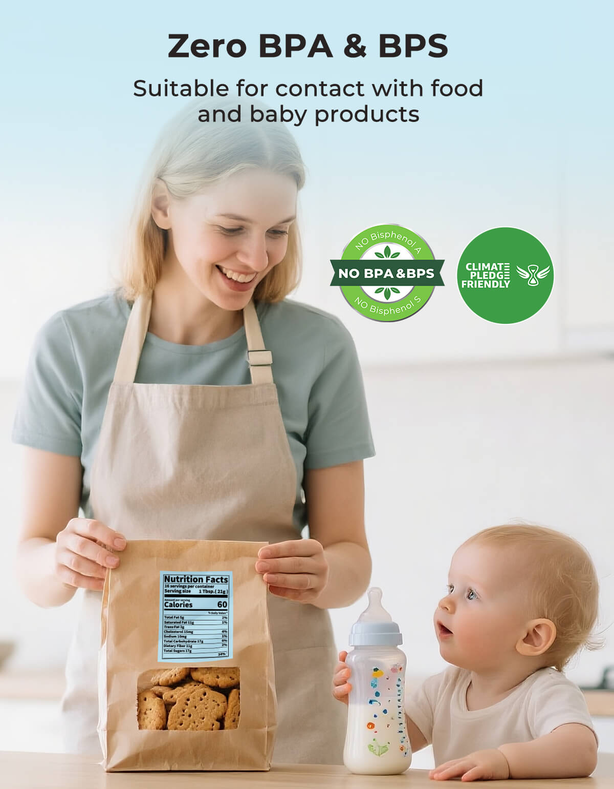 Woman with toddler, holding food bag labeled with BPA-free thermal label, safe for baby products