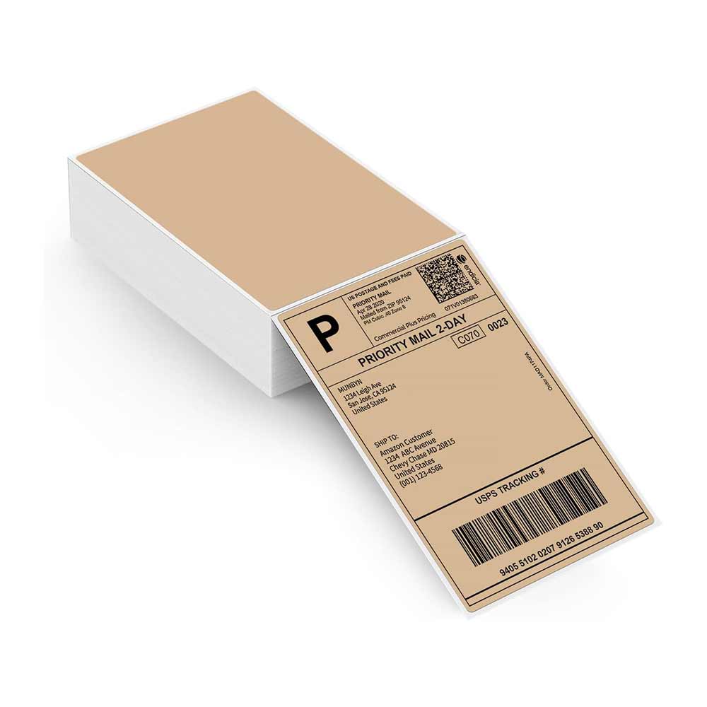 Stack of 4x6 thermal shipping labels for printers, with one brown USPS shipping label visible.