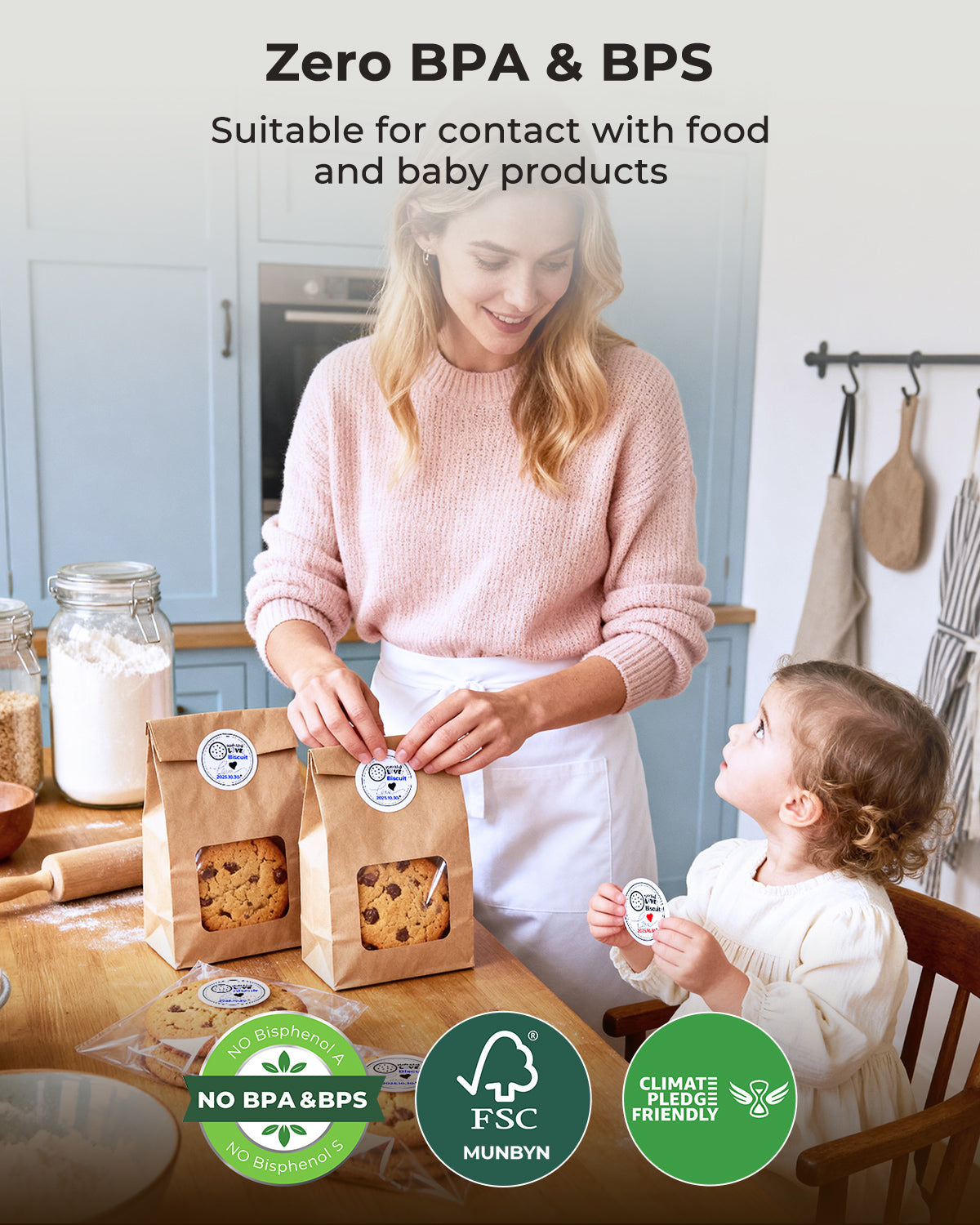 Mother and child using BPA free food labels on cookie bags in a home kitchen, eco-friendly stickers