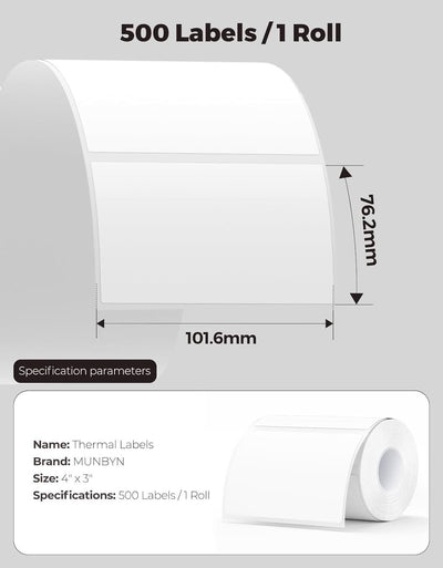 Pack of 4x3 inch rectangle labels printed on MUNBYN label printer paper, showing white labels with blank space for customization.
