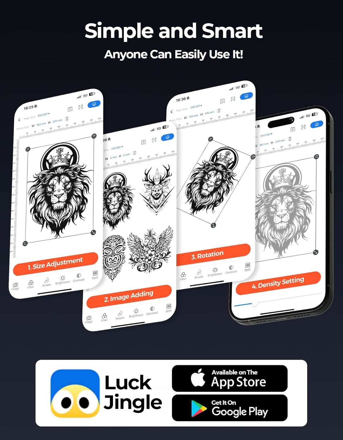 Mobile app screenshots showing lion, deer, and eagle art editing features like size adjustment, image adding, rotation, and density setting.
