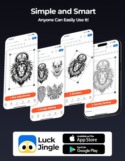 Mobile app screenshots showing lion, deer, and eagle art editing features like size adjustment, image adding, rotation, and density setting.
