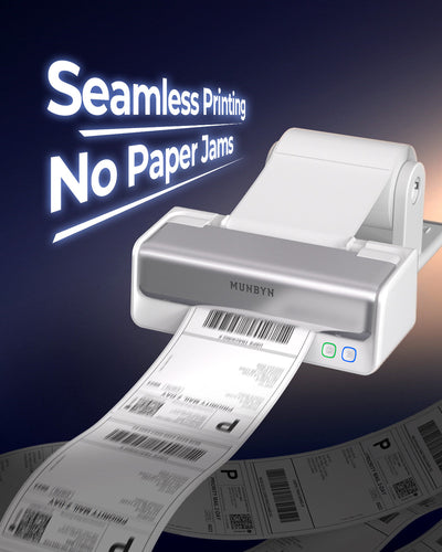 Thermal label printer producing shipping labels with seamless printing and no paper jams text