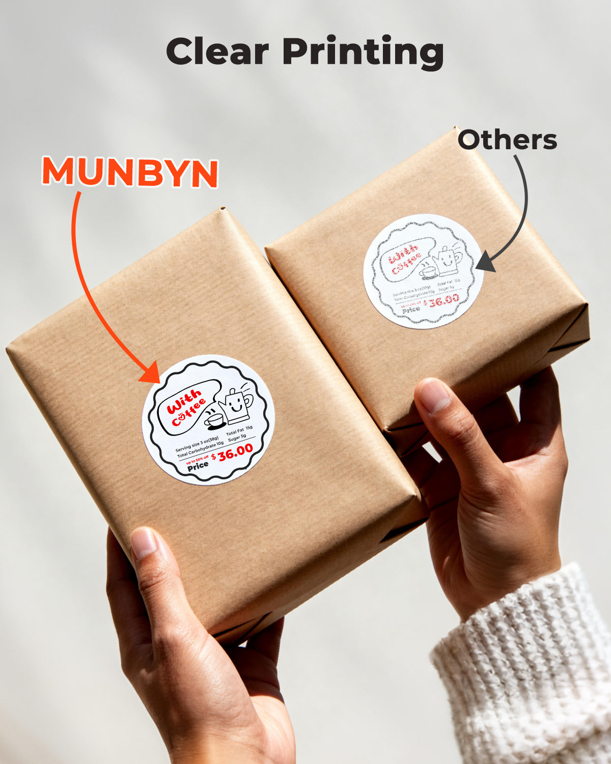 Comparison of clear thermal label printing on brown packaging, highlighting print quality difference