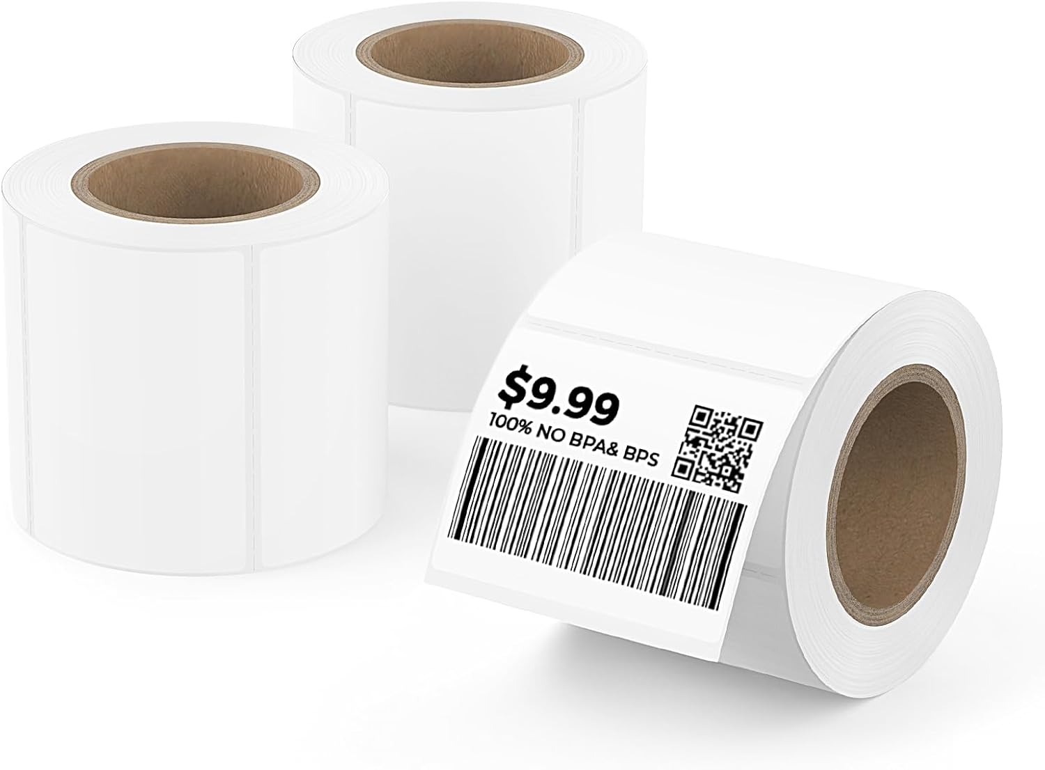 Thermal label rolls with barcode, QR code, and BPA-free shipping price tag