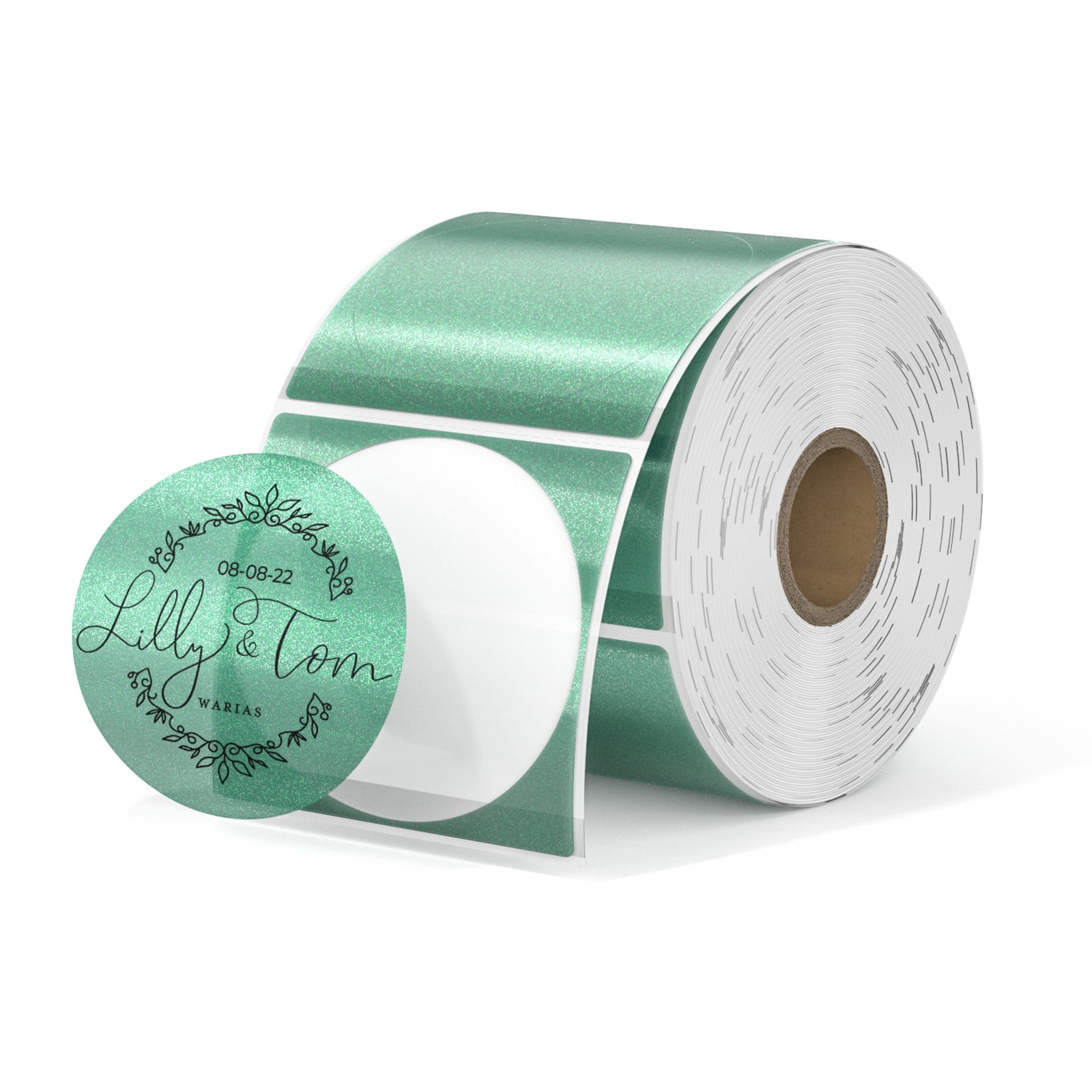 Roll of green metallic round thermal labels with decorative script text, ideal for packaging.