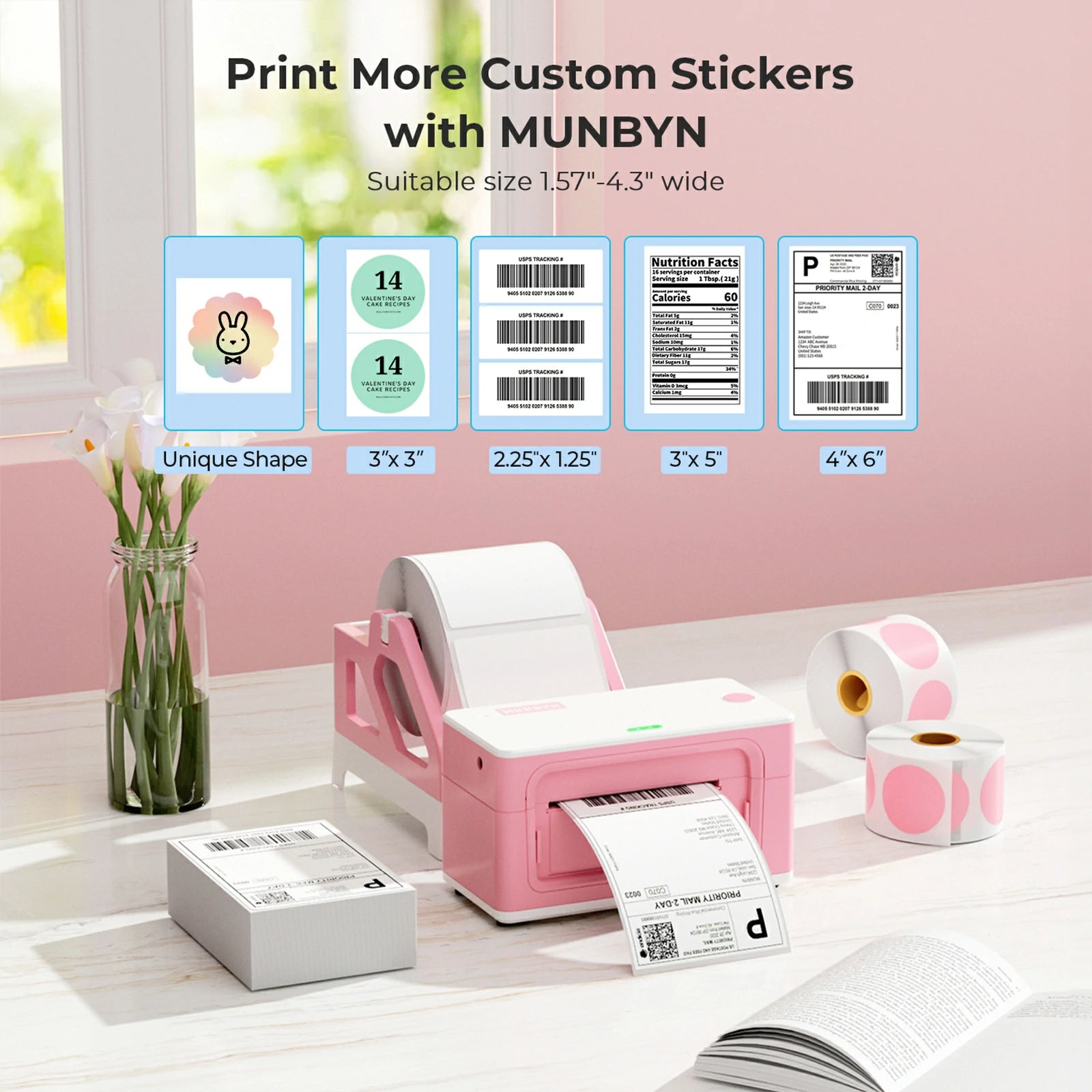 MUNBYN 941 USB thermal printer can print labels from 40mm to 109mm in width.