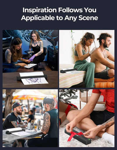 Collage of tattoo artists and individuals using portable thermal printers in diverse settings, including a tattoo studio, home, outdoor cafe, and during gift wrapping, highlighting versatility and convenience.