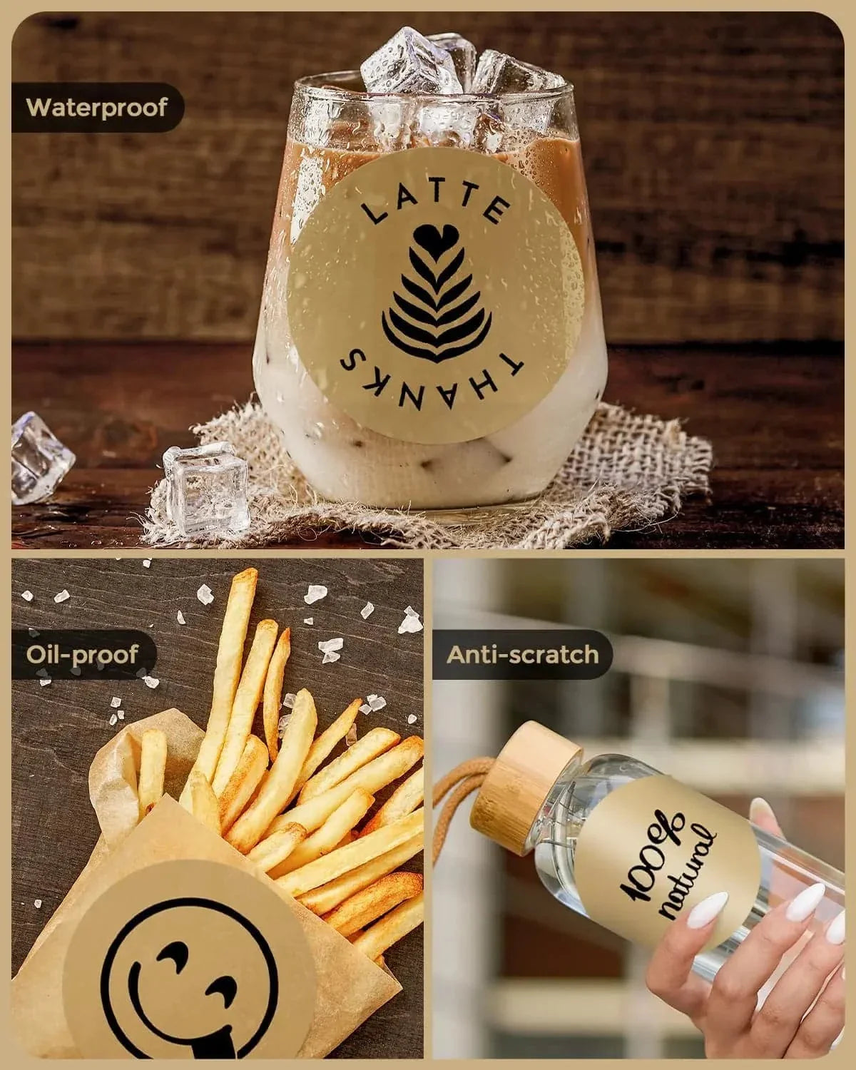 Thermal labels on iced coffee, French fries, and water bottle, showing waterproof, oil-proof, and anti-scratch features.