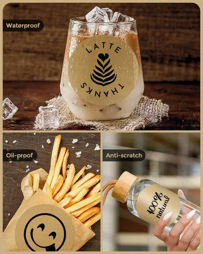 Thermal labels on iced coffee, French fries, and water bottle, showing waterproof, oil-proof, and anti-scratch features.