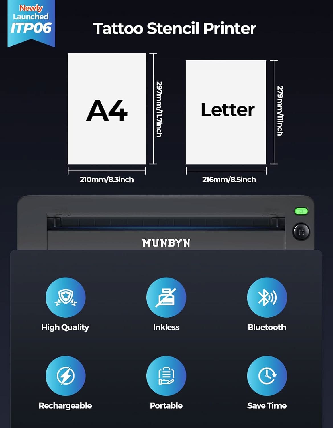 Tattoo stencil printer showing A4 and Letter size compatibility, features icons including high quality, inkless, Bluetooth, rechargeable, portable, and time saving.