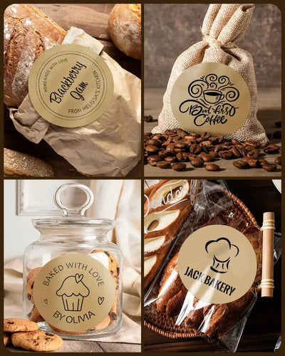 Round gold bakery and coffee label stickers on homemade bread, cookies, and coffee packaging.