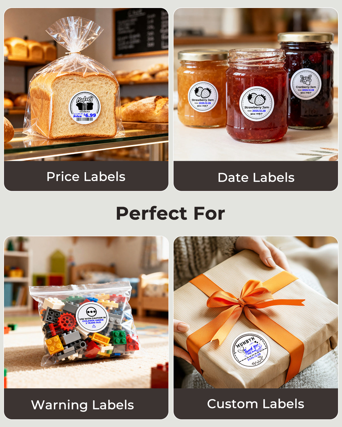 Thermal printer labels used as price, date, warning, and custom labels on bread, jars, toys, and gift box.