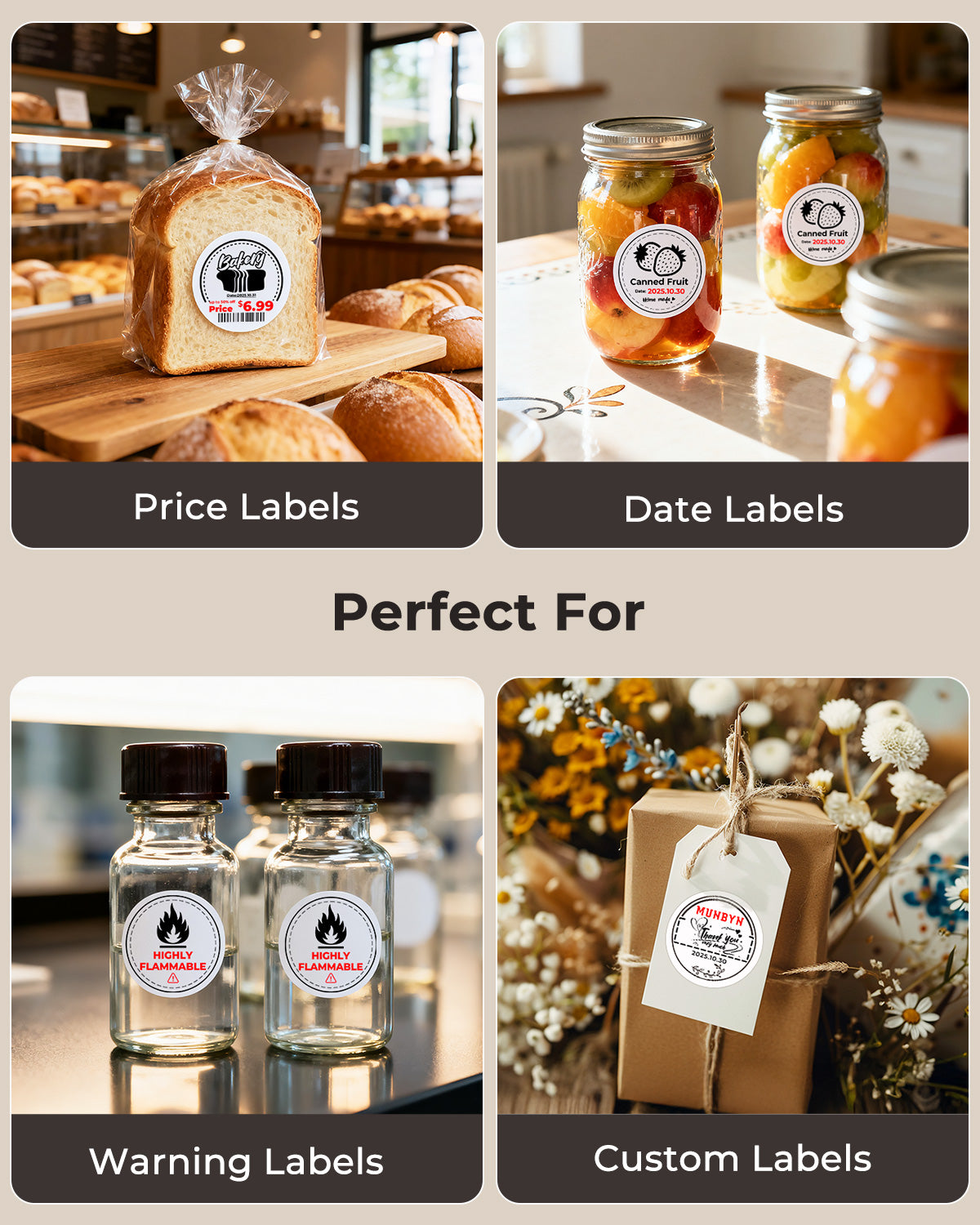 Examples of thermal printer labels on bread, jars, bottles, and a gift, for price, date, warning, and custom uses.