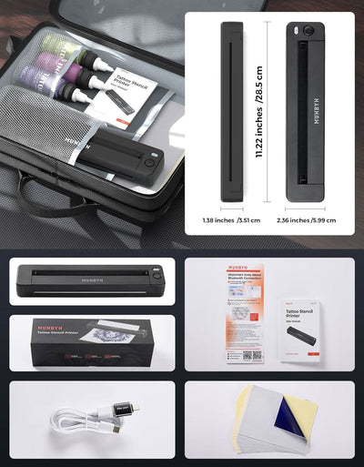 Portable tattoo stencil printer set with accessories, cables, and instruction manual