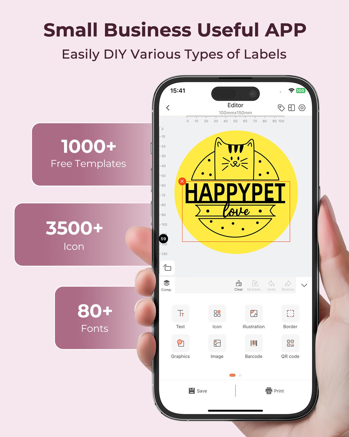 Hand holding smartphone showing label maker app for small business with pet label design.